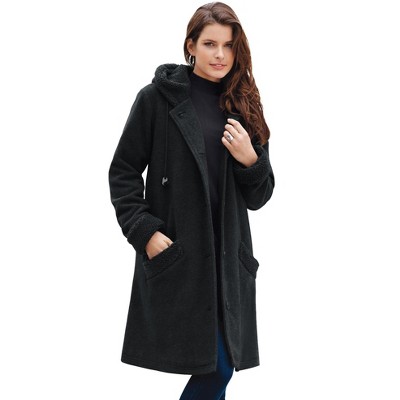 Roaman's Women's Plus Size Hooded Button Front Plush Fleece Coat