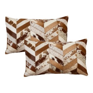 HomeRoots Set of Two 12" X 20" Brown and Natural Chevron Cowhide Lumbar Throw Pillows - 1 of 4