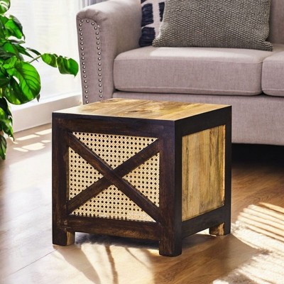 Alilang 16.00 inches Square Rattan Accent Side Table with Wooden Frame and X-Panel Design-Natural