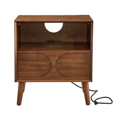 Lirago Brown Fluted Nightstand with Charging Station USB Ports Drawer Solid Wood Legs 25.4"H x 15.75"D x 22.75"W