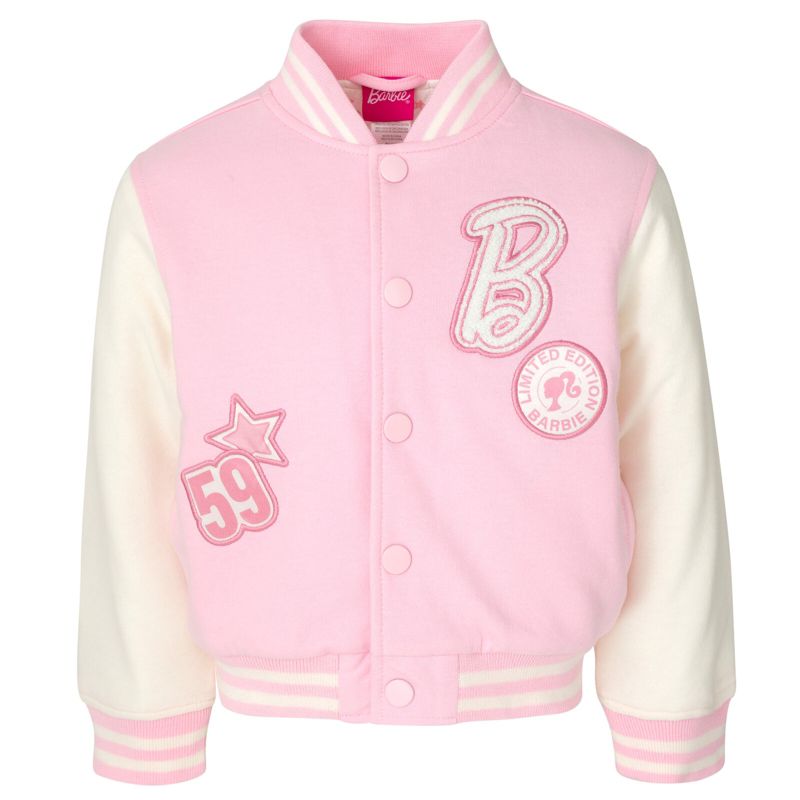 Barbie Little Girls' Embroidered Snap Closure Varsity Coat Pink Off White 4