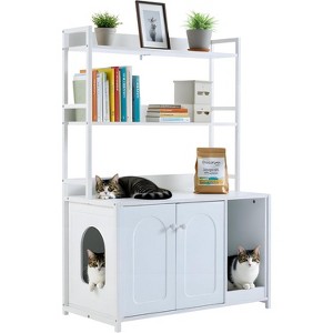 Cat Litter Box Enclosure Furniture with Shelves - 52" Hidden Litter Box Cabinet, Wood Enclosed Cat House with Scratch Mat, Dog Proof Design - 1 of 4
