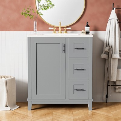 Whisen 30" Bathroom Vanity Bathroom Storage Cabinet with Ceramic Sink and 3 Drawers