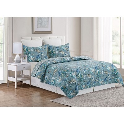 Full Blue Cotton Reversible Floral Quilt Set