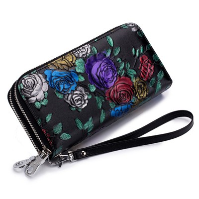 BEAFUP Women's Wallet,Creative Floral PrintLarge Capacity Double Zip Leather Wallet,RFID Blocking and Wristlet,(Random Print)