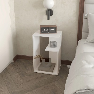 Vynxaria White & Concrete Melamine Side Table: 2-Open Shelf Storage, Light Oak Accents for Modern Bright Spaces