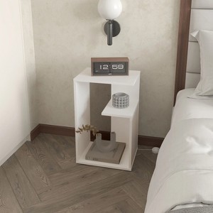 Vynxaria White & Concrete Melamine Side Table: 2-Open Shelf Storage, Light Oak Accents for Modern Bright Spaces - 1 of 4