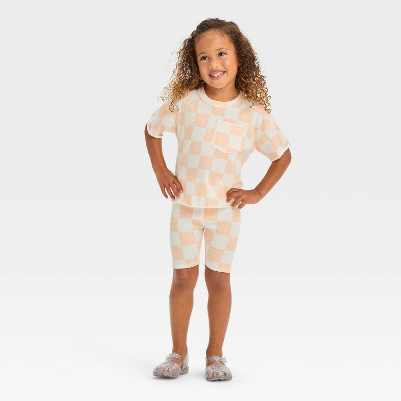 Grayson Mini Toddler Girls' Jersey Knit Checkerboard Printed T-Shirt - Orange, 3 of 5