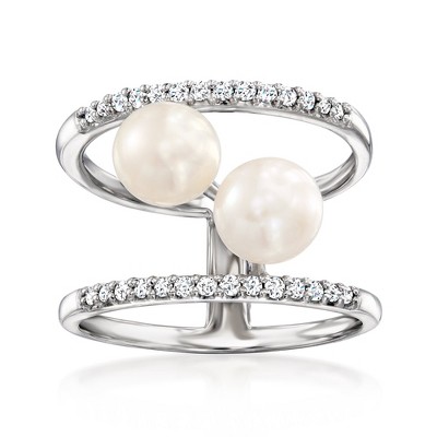 Ross-Simons 6.5-7mm Cultured Pearl and .24 ct. t.w. Diamond Open-Space Ring in Sterling Silver