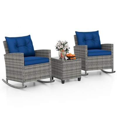 Tangkula Set of 3 Wicker Rocking Set Patio w/ Tempered Glass Table & Soft Cushions