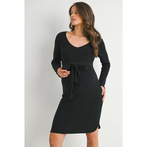 Hello Miz Women's V Neck Ribbed Knit Tie-Front Maternity Dress - 1 of 4