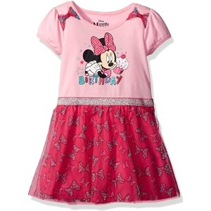 Disney Girl's Minnie Mouse Short Sleeve Birthday Dress with Bow Print Tulle Skirt, Pink, Size 2T - 1 of 1