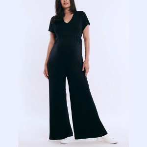 Women's Short Sleeve V-Neck Flare Leg Jumpsuit | Motherhood Maternity - 1 of 4