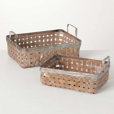 Sullivans Handled Woven Reed Basket Set of 2, 7.5"H & 6.5"H Gray