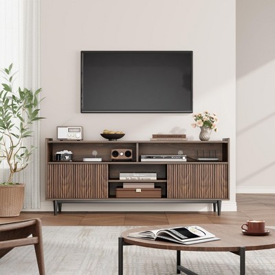 Fluted TV Stand for 75 inch TV, Walnut Entertainment Center with 2 Sliding Doors and Support Leg, Boho Wooden Media TV Console