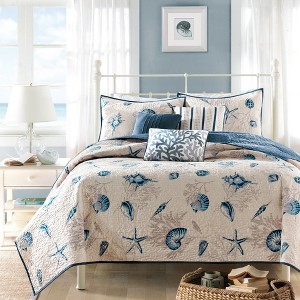 Sapphtopaz Bedding Quilt Set Comforter Set Coastal Style Shell Coral Print Reversible Quilt Set with Throw Pillows - 1 of 4