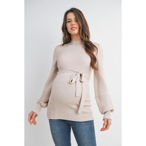 Hello Miz Women's Belted Mock Neck Maternity Sweater Top - 1 of 4