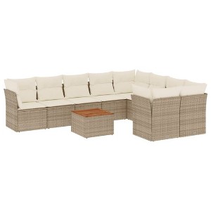 vidaXL 10 Piece Patio Sofa Set with Cushions Beige Poly Rattan - 4x Corner 5x Middle Table - 1 of 4