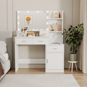 Sapphtopaz Dressing Table Modern Makeup Vanity with Socket, LED 3-color Illuminated Mirror, Drawers, Shelffor for Dressing Room - 1 of 4