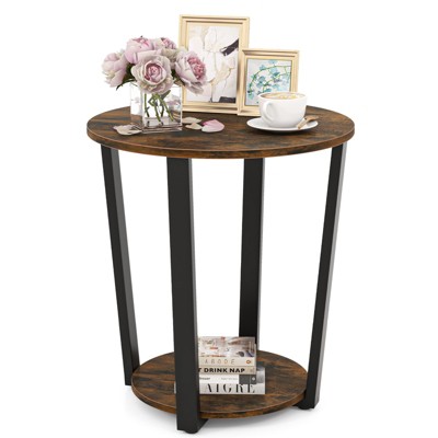 Tangkula 2-Tier Industrial Round End Table Metal Sofa Side Table W/ Storage Shelf