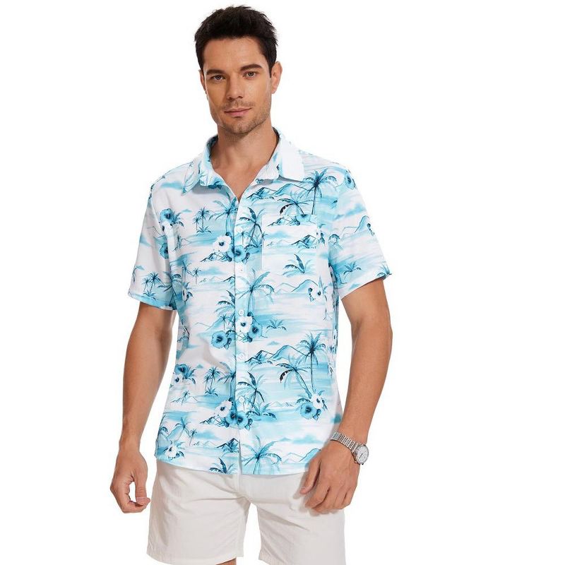 Men's Hawaiian Shirt Short Sleeve Linen Button Down Shirts Casual Floral Printed Beach Shirts with Pocket, 2 of 8