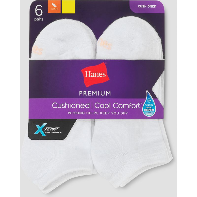 Hanes Premium 6 Pack Women&#39;s Cushioned No Show Socks - White 8-12, 3 of 4
