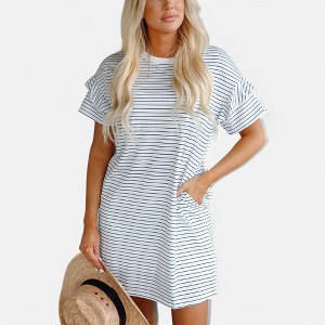 Amaryllis Women's Striped T-Shirt Dress with Ruffled Short Sleeves Crew Neckline Relaxed Fit and Side Pockets - 1 of 4
