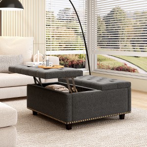 Lyngins Oversized Square Storage Ottoman Table, Mid-Century Modern PU Leather Ottoman with Storage, Large Foot Stool, Storage Bench for Living Room - 1 of 4