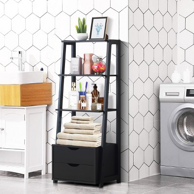 Black 4-Tier Ladder Bookshelf with 2 Drawers
