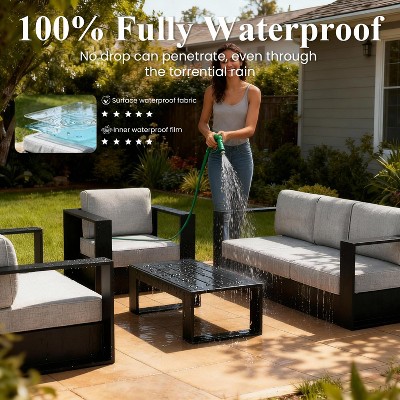 People watering outdoor furniture set showing 100% waterproof claim