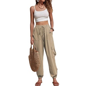 Women's Ankle Cuff Linen Pants Lightweight Cargo Pants Casual Mid Waist Track Cuff Lounge Pants Cargo Trouser with Pockets - 1 of 4