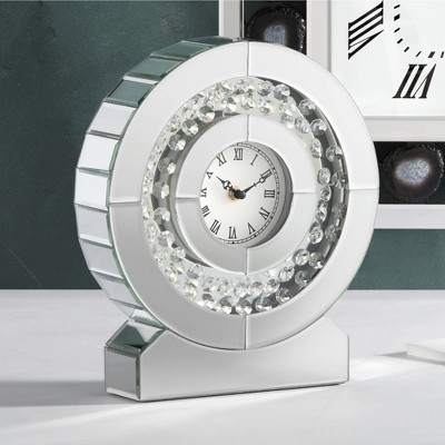 Mirrored Silver and Crystal Table Clock with Roman Numerals