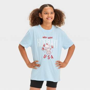 Girls' Short Sleeve Oversized Americana Snoopy Graphic T-Shirt - art class™ Light Blue