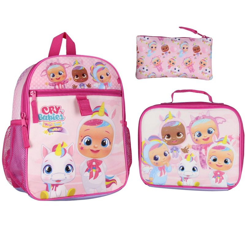 Cry Babies Magic Tears Characters Unicorn 3 PC Backpack Lunchbox Pencil Pouch Pink, 1 of 7
