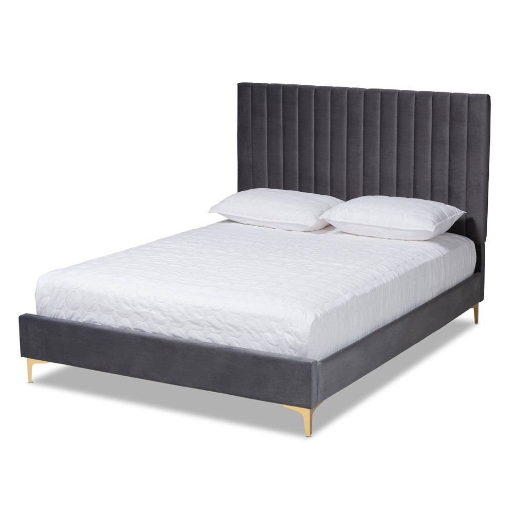 Photos - Bed Frame Full Serrano Velvet Fabric Upholstered and Metal Platform Bed Gray/Gold 