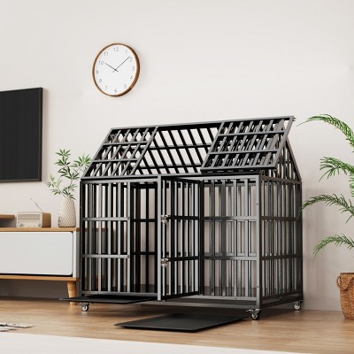 LAOTIES Heavy Duty Dog Crate,Escape-Proof Large Kennel With Lockable Wheels,Removable Trays,Front And Roof Doors,Indoor And Outdoor Use