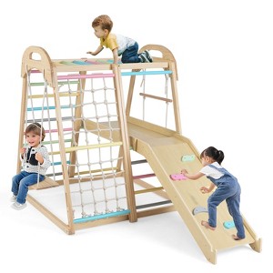 COSTWAY Montessori Kinderglijbaan met klimrek en schommel, 7-in-1 glijbaan met basketbalkorf en telescoop, voor binnen en buiten, voor kinderen vanaf 1 jaar (geel groen