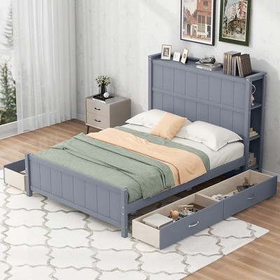 CAVINAS Full Size Platform Bed Modern Wooden Bed Frame with Storage Headboard and 4 Storage Drawers for Bedroom