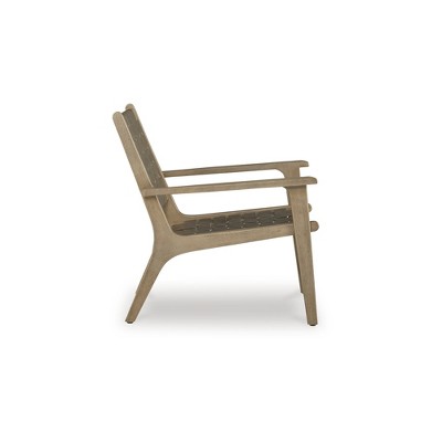 Beige Leather and Wood Woven Accent Chair