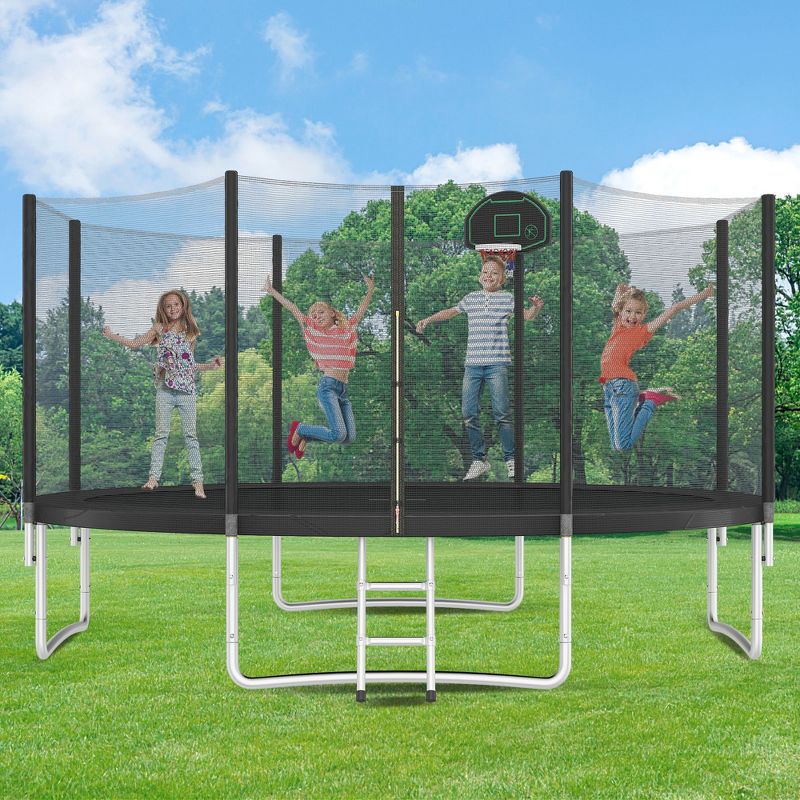 Kids' Trampoline with Safety Net, Basketball Hoop and Ladder - ModernLuxe, 1 of 10