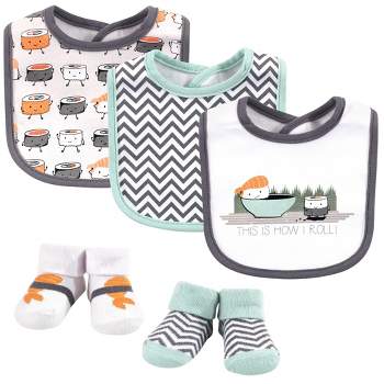 Hudson Baby Infant Boy Cotton Bib and Sock Set 5pk, Sushi, One Size