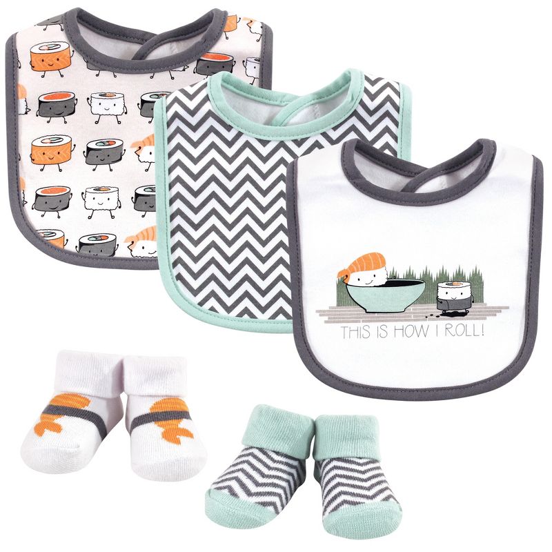 Hudson Baby Infant Boy Cotton Bib and Sock Set 5pk, Sushi, One Size, 1 of 8