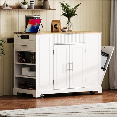Fluted Kitchen Island on 5 Wheels, with Trash Can Storage Cabinet, Power Outlet, Internal Storage Rack, 3 Drawer, 3 Open Side Racks