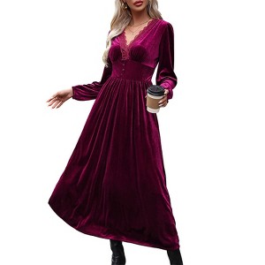 Cleralove Women's Velvet Maxi Dress Elegant V Neck Lace Trim Smocked Dress - 1 of 4