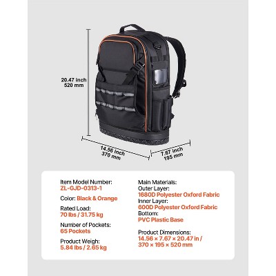 VEVOR Tool Backpack, 65 Pockets, Heavy-duty Tools Storage Organizer Work Bags with Laptop Compartment & Molded Base, Black+Orange — фото 8