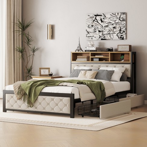 Queen full Size Metal Platform Bed Frame With Storage Headboard 4 Drawers And Usb Ports 4l Beige white modernluxe Target