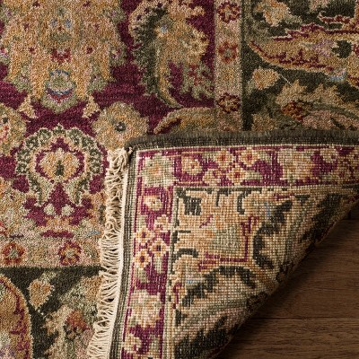 Burgundy and Green Hand-Knotted Wool 6' x 9' Area Rug