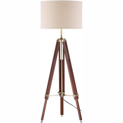 Adjustable Cherry Wood Tripod Floor Lamp with Beige Linen Shade