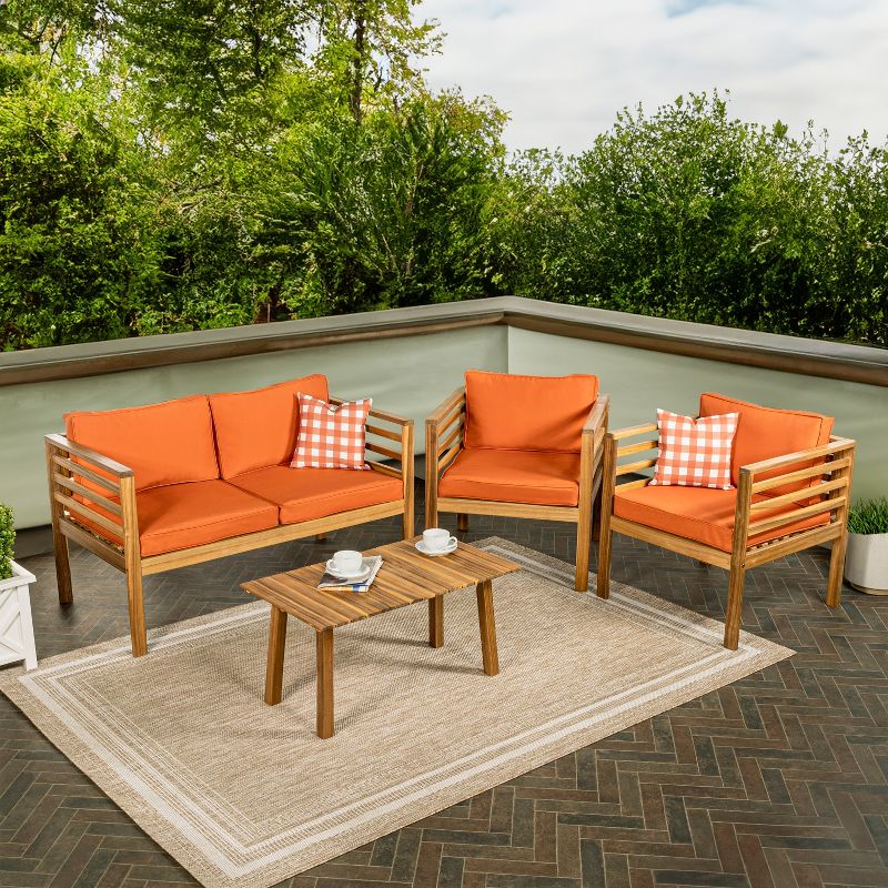Thom 4-Piece Mid-Century Modern Acacia Wood Outdoor Patio Set with Cushions and Plaid Decorative Pillows - JONATHAN Y, 6 of 8