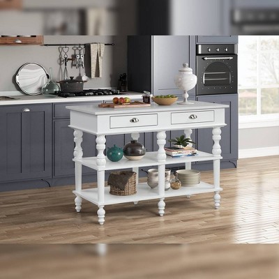 White Marble Top Kitchen Island with Turned Legs and Shelves